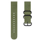 Army green woven nylon watch strap with three metal rings and loop