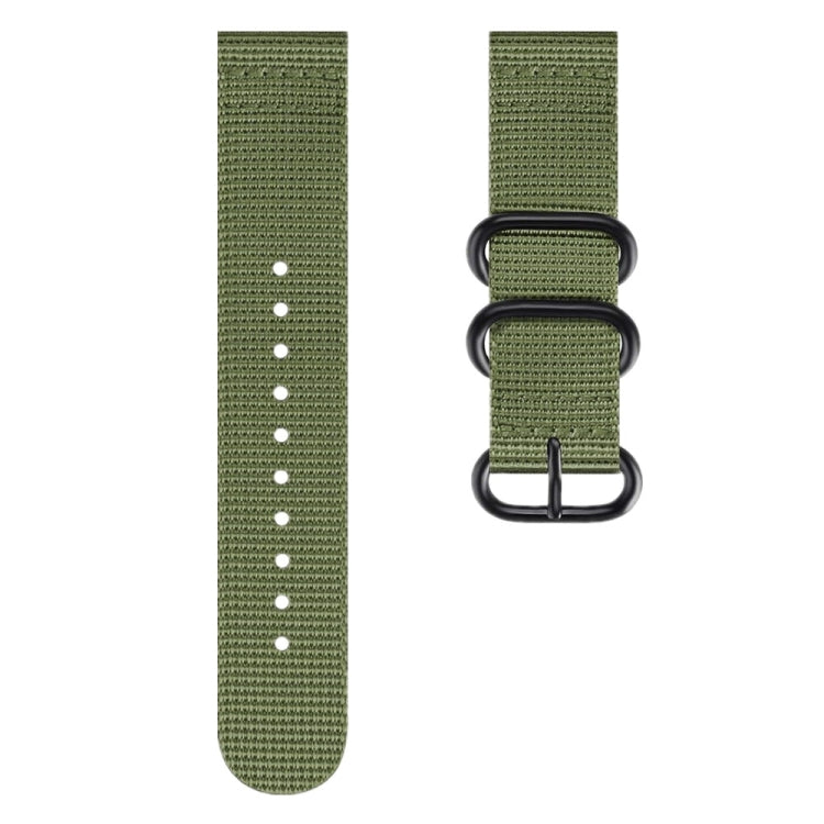 Army green woven nylon watch strap with three metal rings and loop