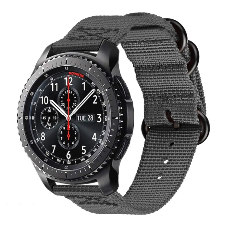Gray woven nylon three-ring watch strap with black buckle hardware