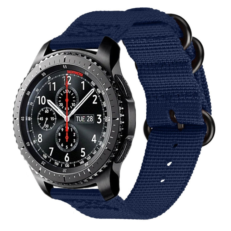 Navy blue woven nylon three-ring watch strap with black metal rings