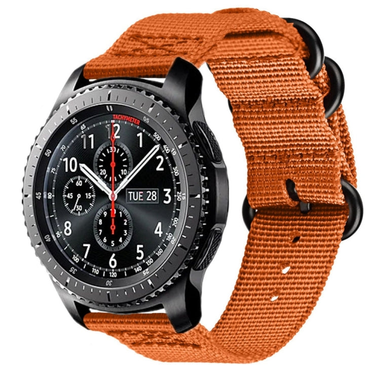 Orange woven nylon three-ring watch strap with black three-ring buckle