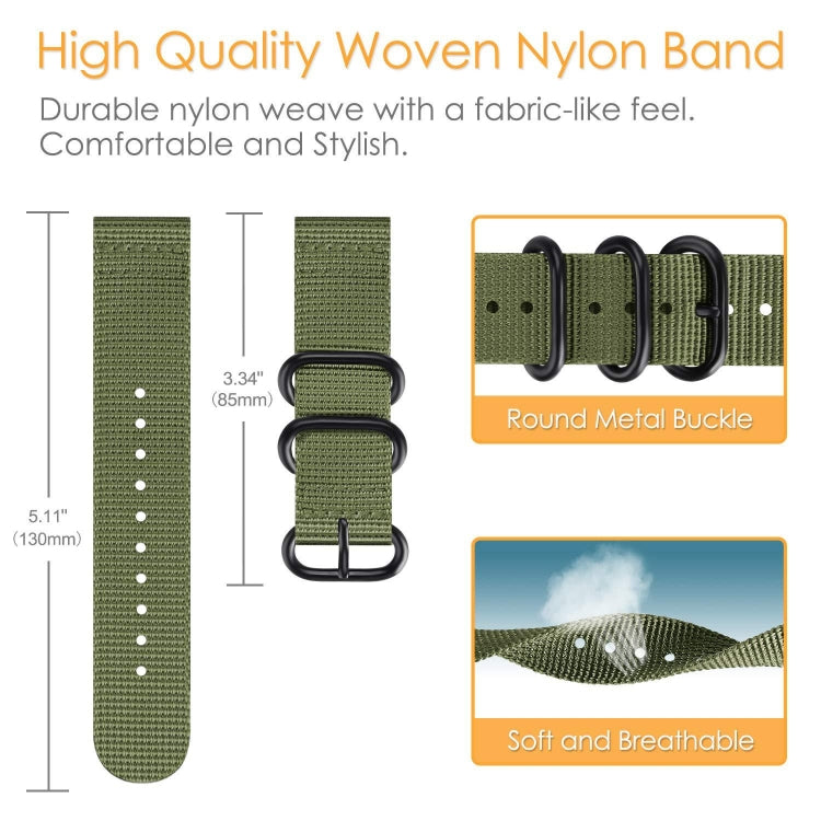 Army green woven nylon watch strap diagram with three-ring round metal buckle
