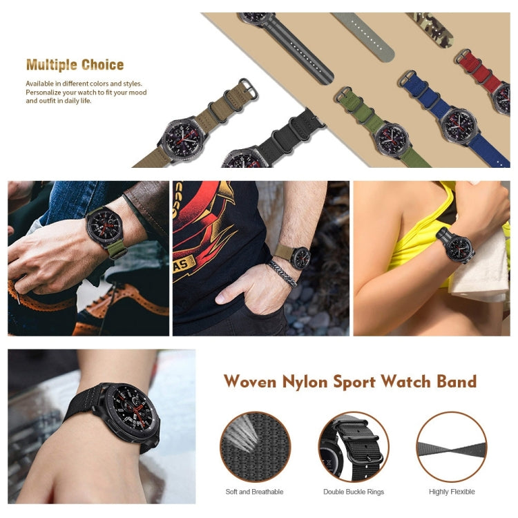 Woven nylon sport watch band with three-ring buckle, showing multiple colors