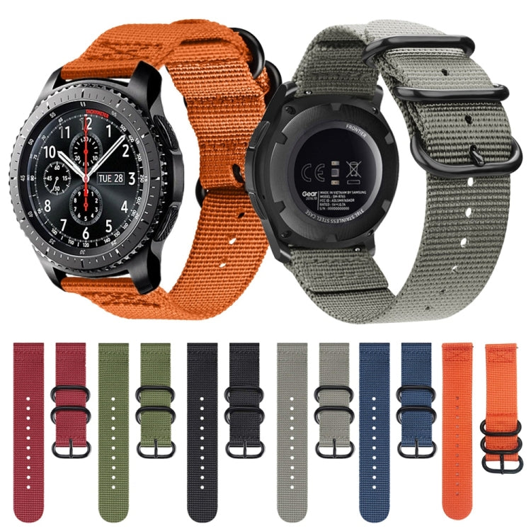 Woven nylon sport watch strap with three-ring buckle on two watches, orange and gray