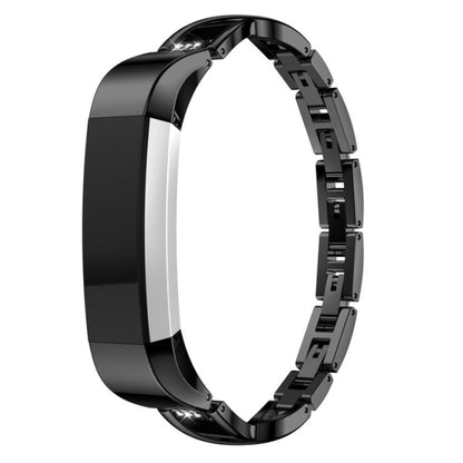 Black metal X-shaped watch strap with arched center piece and linked band