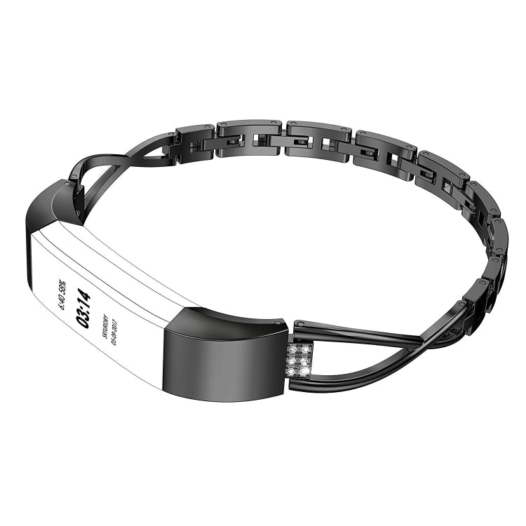 Black metal watch strap with wide clasp and clear rhinestone detail