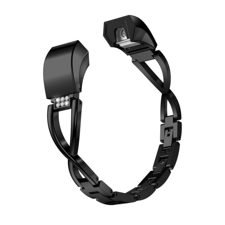 Black metal X-shaped watch strap with centered clasp and windowed sensor