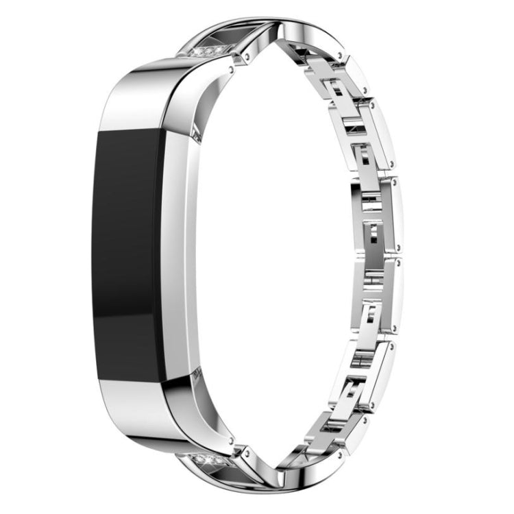 Silver metal X-shaped watch strap with linked links and clear rhinestone accents