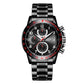 Men's multi-function quartz wristwatch with black dial, red accents, and steel band