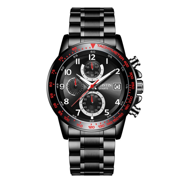 Men's multi-function quartz wristwatch with black dial, red accents, and steel band