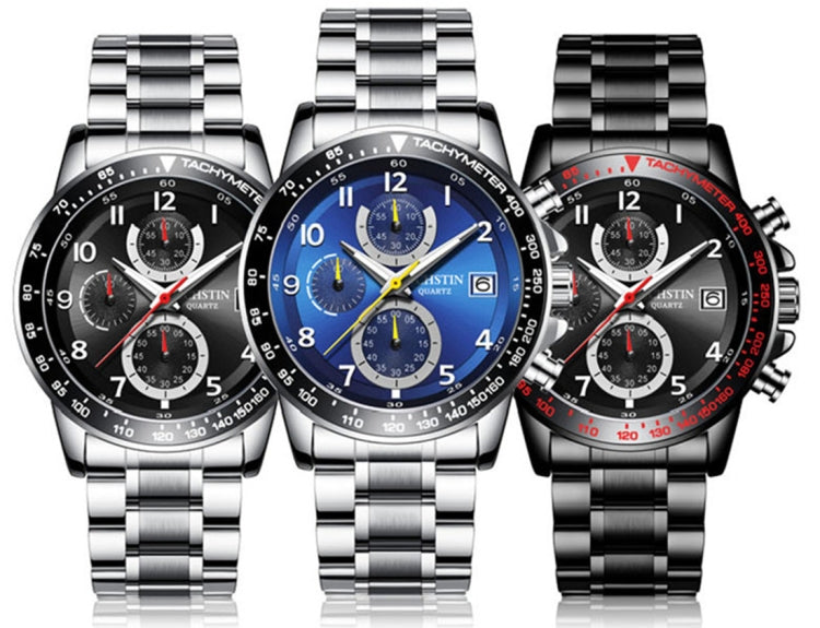 OCHSTIN men’s multi-function watch set with steel bracelet, black/blue/red faces