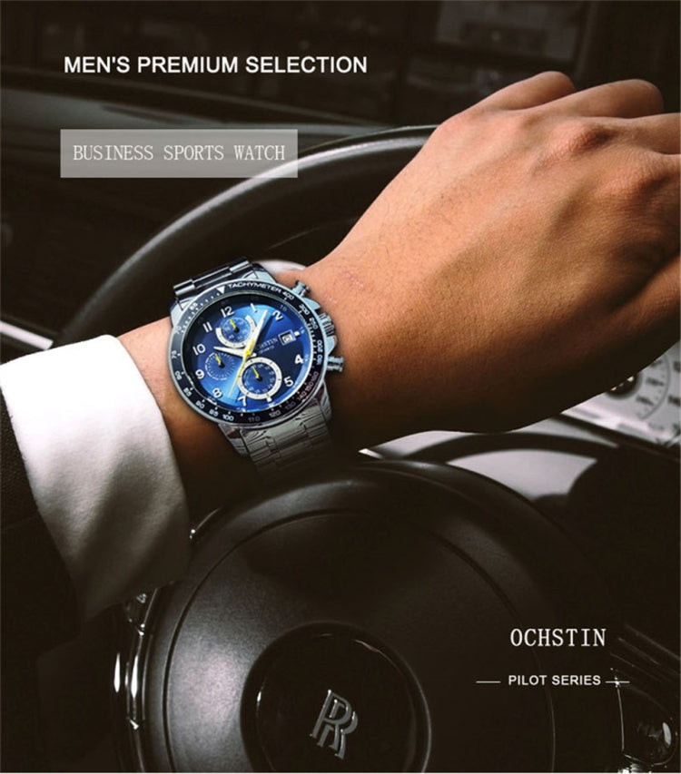 OCHSTIN men’s multi-function watch on wrist, blue dial, steel link bracelet