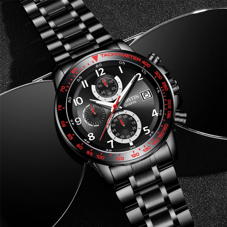 Men's chronograph-style wristwatch with black dial, subdials, and metal bracelet