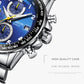 Men's multi-function wristwatch with blue dial and silver-tone case, pushers on side