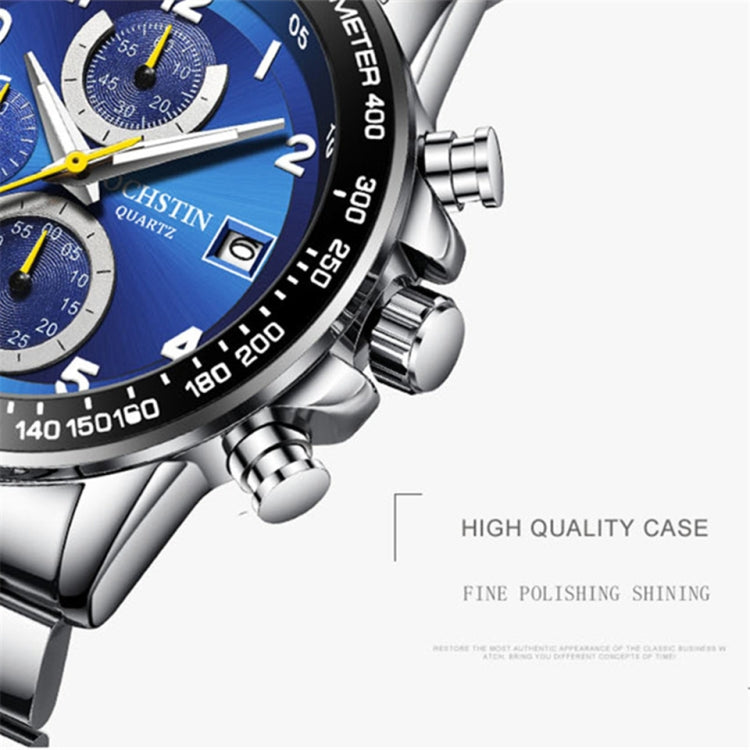 Men's multi-function wristwatch with blue dial and silver-tone case, pushers on side