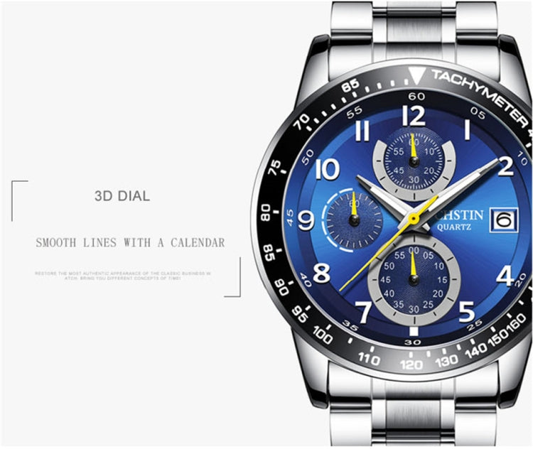 Men's multi-function quartz wristwatch with blue dial, three subdials, and steel bracelet