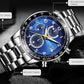 Men's multi-function wristwatch with blue dial, chronograph subdials, and silver case