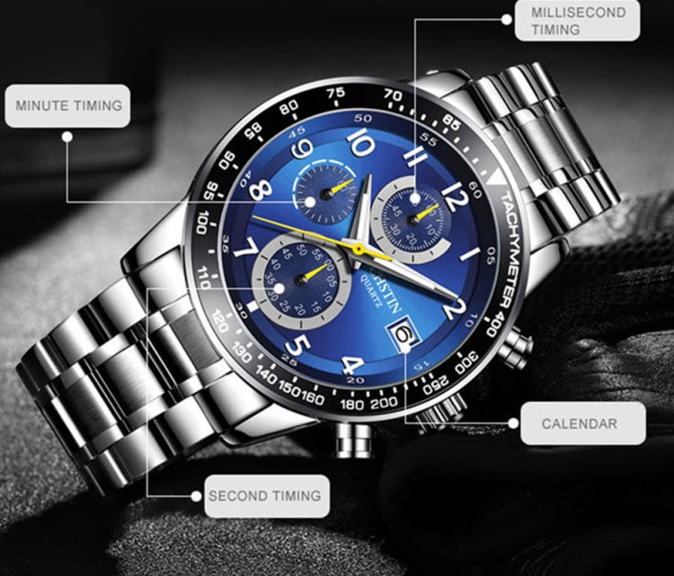 Men's multi-function wristwatch with blue dial, chronograph subdials, and silver case