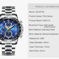 Men's multi-function wristwatch shown with blue dial and metal bracelet, silver-tone case