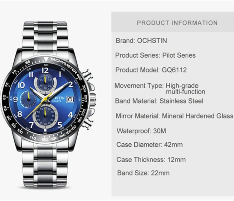 Men's multi-function wristwatch shown with blue dial and metal bracelet, silver-tone case