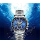 Men's wristwatch with blue dial, silver bezel, and stainless steel band