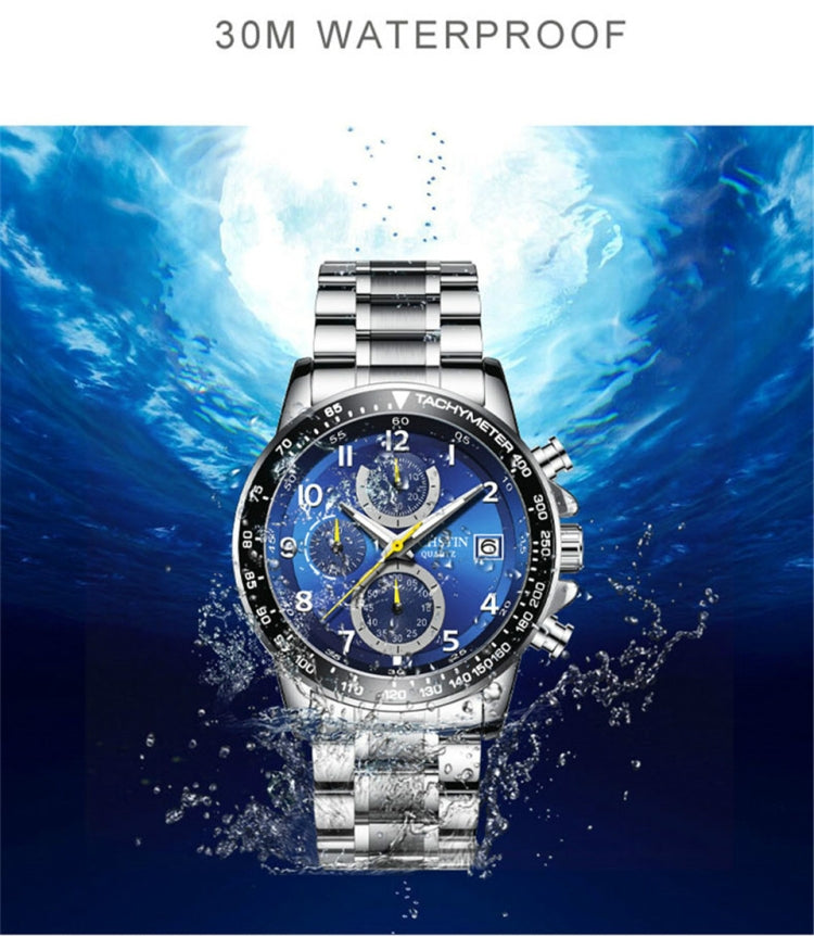 Men's wristwatch with blue dial, silver bezel, and stainless steel band