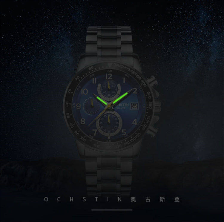 Men's multi-function wristwatch with dark dial and dark metal bracelet