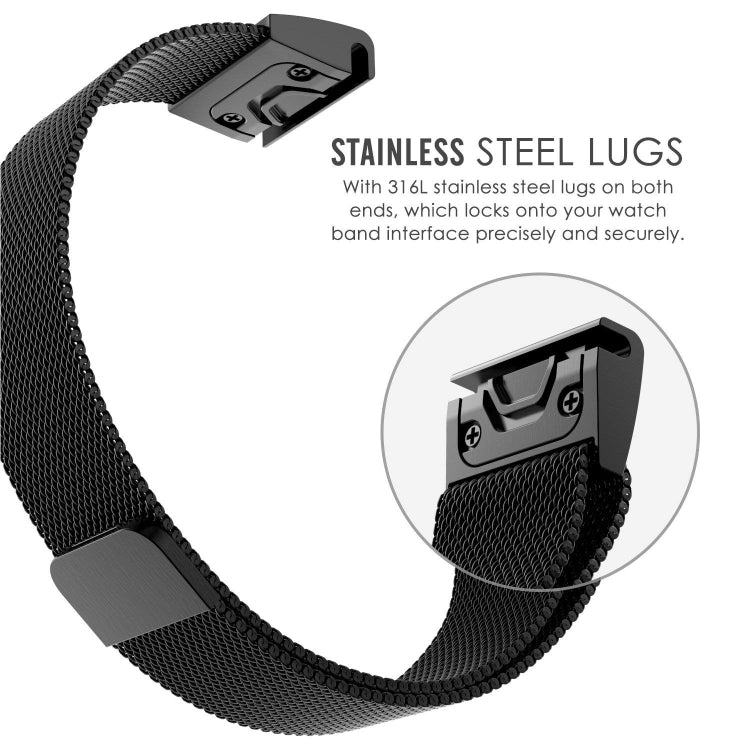Black milanese stainless steel watch band with steel lug connectors