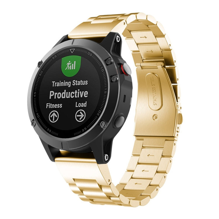 Three-bead stainless steel watch band in gold with connected metal links
