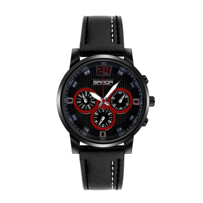 Men's round quartz chronograph watch with black leather strap and red accents