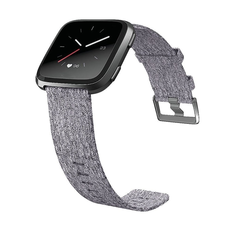 Gray nylon canvas smartwatch strap with metal buckle, textured weave, adjustable holes