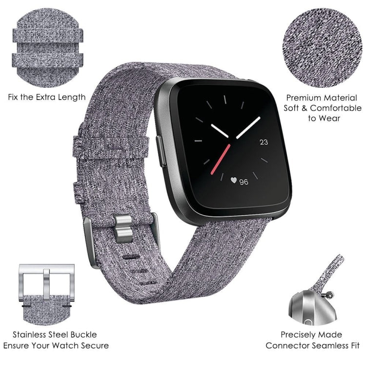 Gray nylon canvas smartwatch band with stainless steel buckle and connector, adjustable length