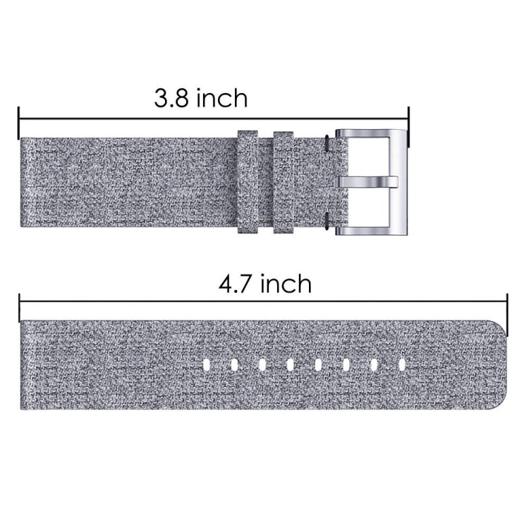Gray nylon canvas watch strap size diagram with buckle end and connector section