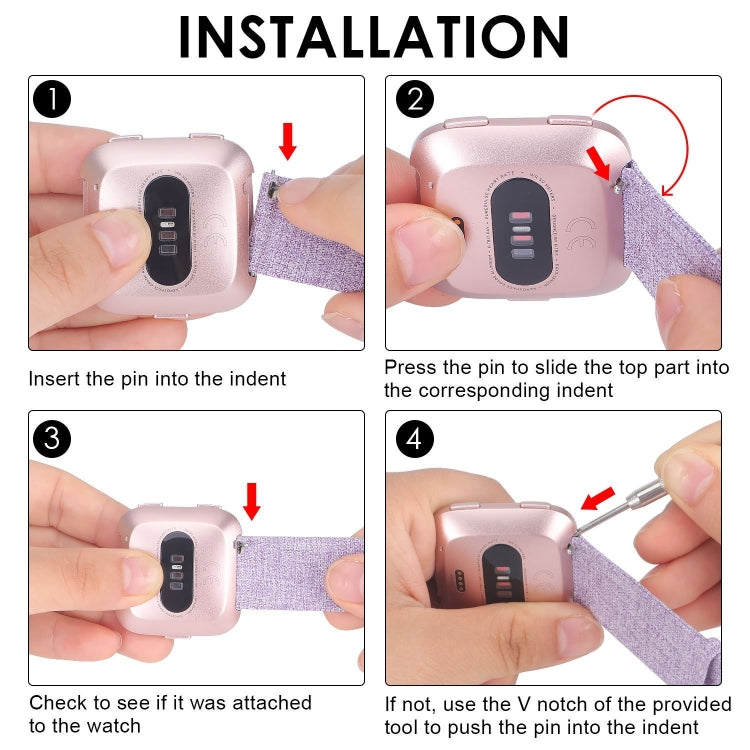 Watch strap installation steps showing pin insertion and connector attachment onto band