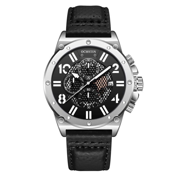 Silver-tone sports quartz watch with black leather strap and black dial with subdials.