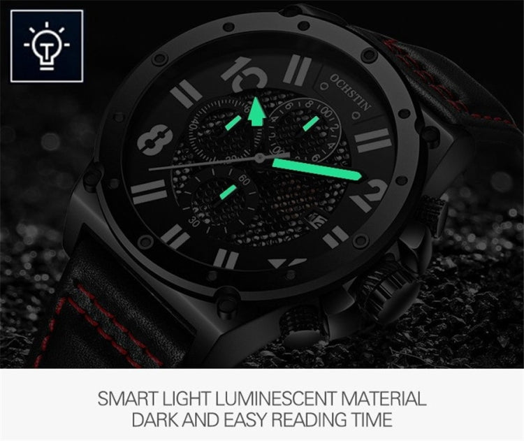 Black dial sports quartz watch with black leather strap, luminous green hands for low light.
