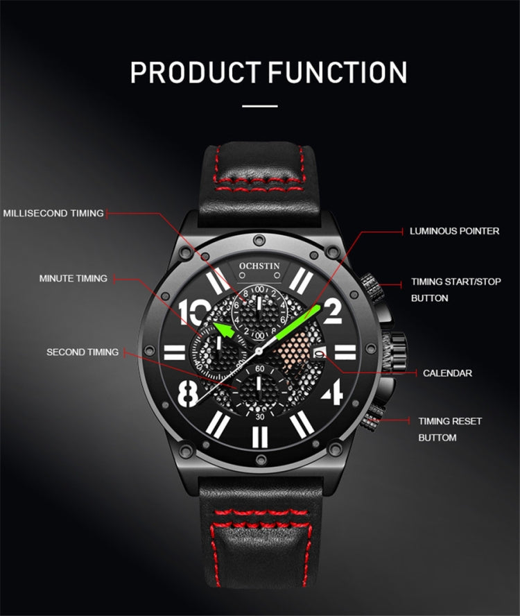 Front view sports quartz watch with black dial and black leather strap with red stitching.