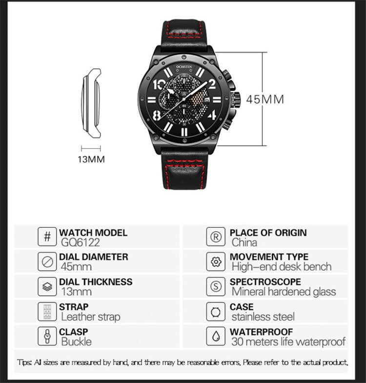 45mm sports quartz watch with black dial and black leather strap; side view and sizing shown.