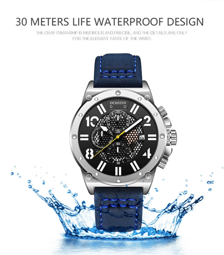 Silver-tone sport quartz watch with black dial and blue leather strap, water splash theme.