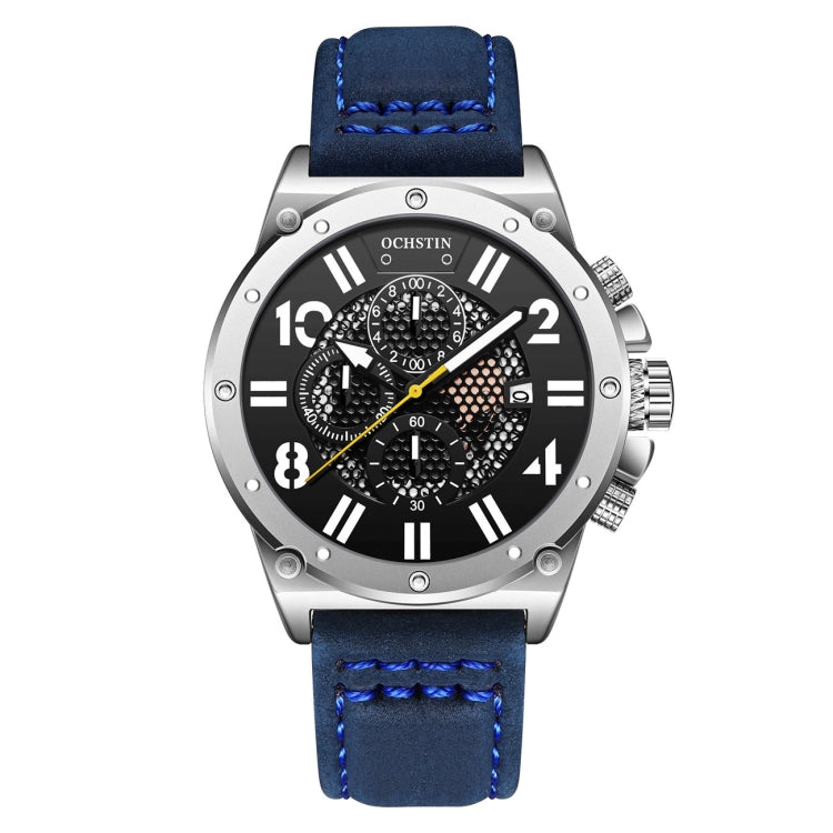 Sports quartz watch with black dial and blue leather strap, silver-tone round case and bezel.