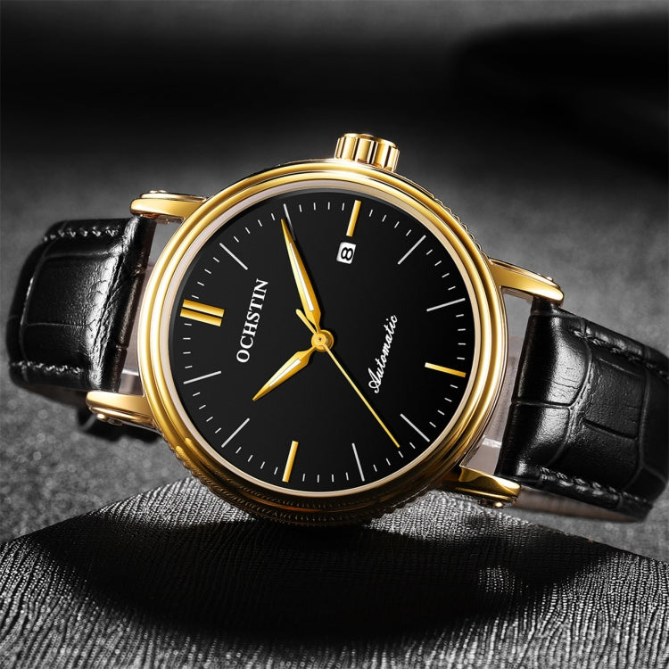 Men's automatic mechanical watch with black dial and gold case, black leather strap