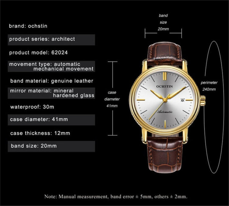 Men's automatic mechanical watch with white dial, gold case, and brown leather strap