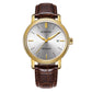 Men's automatic mechanical watch with white dial, gold bezel, and brown leather strap
