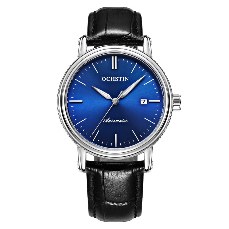Ochstin men's automatic mechanical watch, blue dial, black leather strap, date window