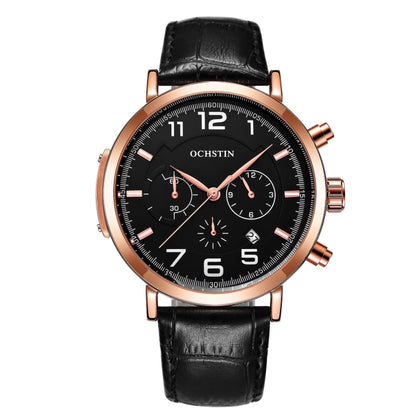 Multi-function quartz wristwatch with black dial, rose gold case, and black leather strap