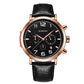 Multi-function quartz wristwatch with black dial, rose gold case, and black leather strap