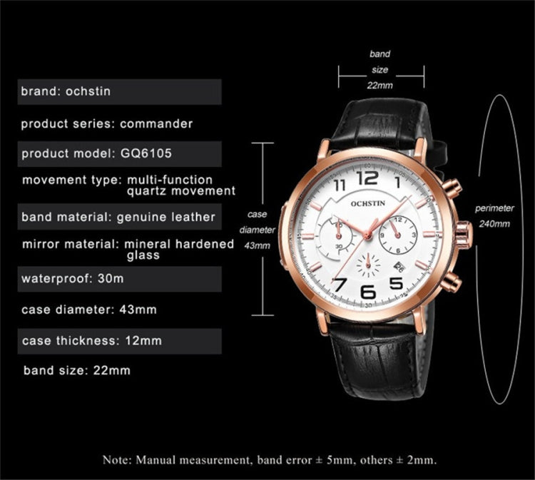 Multi-function quartz wristwatch with white dial, brown leather strap, rose gold-tone case