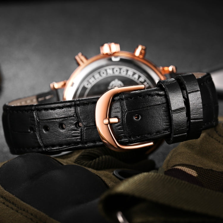 Black leather watch strap with rose gold-tone buckle and multi-function watch case