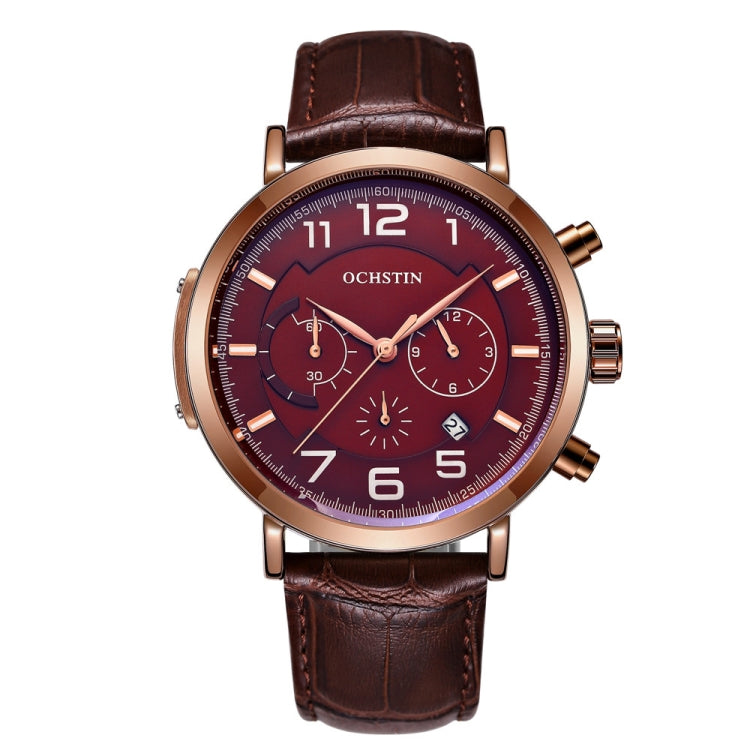 Multi-function quartz wristwatch with burgundy dial, rose gold-tone case, and brown leather strap