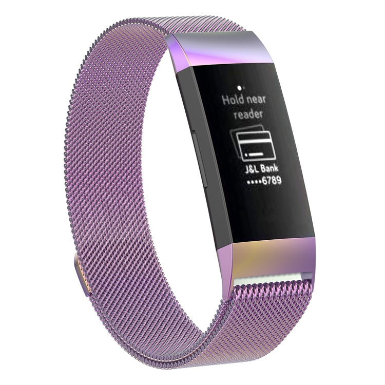 Stainless steel magnetic wrist strap with dark purple mesh band for Fitbit Charge 4/3
